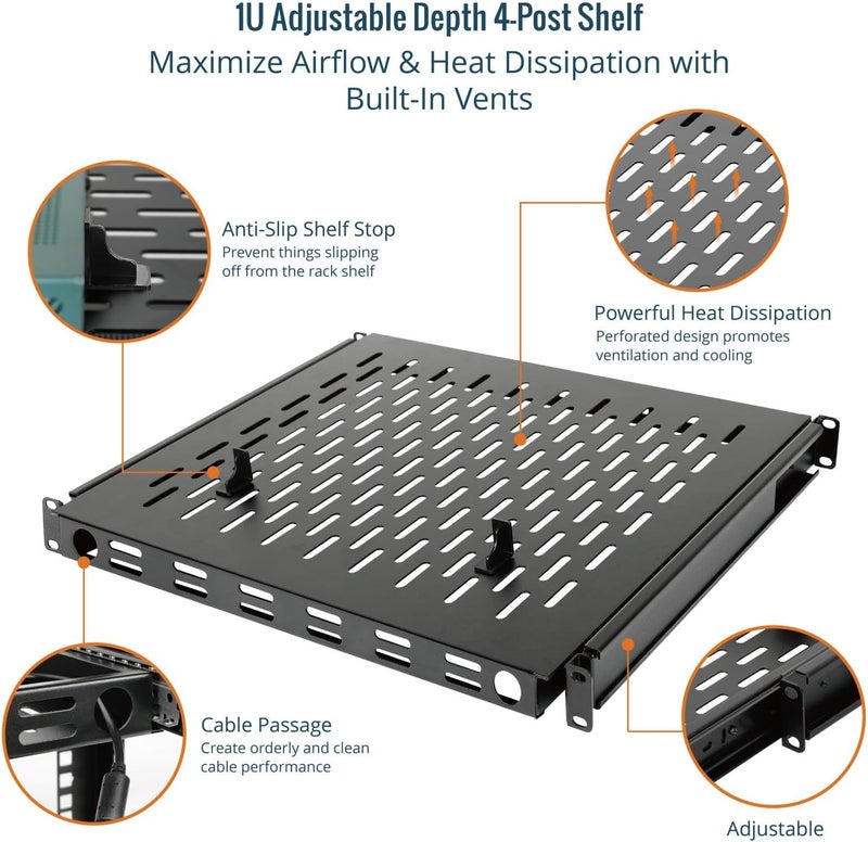 Tecmojo 1U Sliding Rack Shelf,4-Post Vented Rack Mount Shelf,13.8in Deep with Adjustable Mounting Depth 13.8-19.7in,Supports to 110lbs,for 19 Inch AV/Network Equipment Rack,Unassembled,Black - Image 5